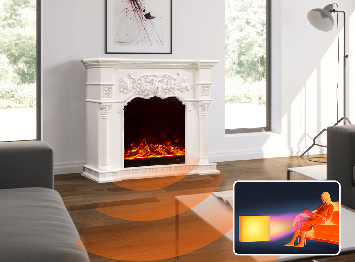 This home electric fireplace can heat the room.