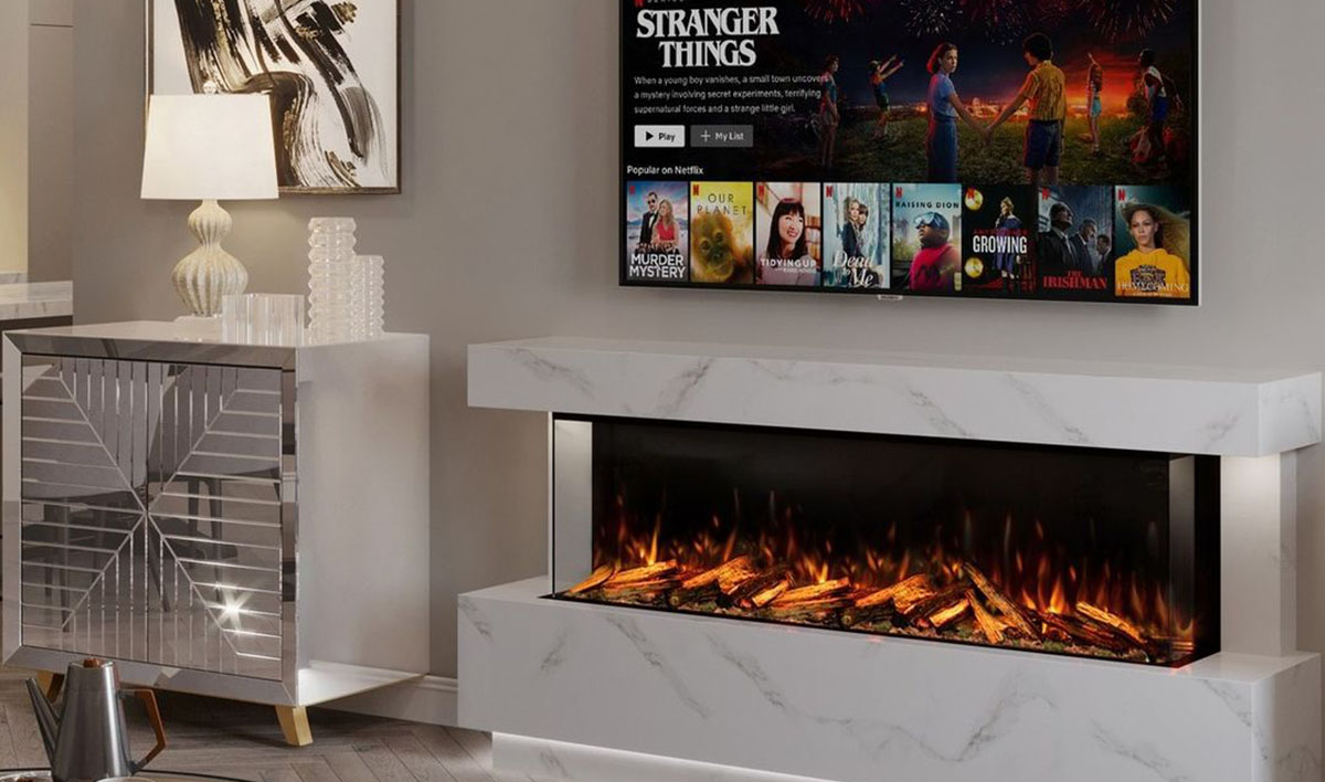 3 sided electric fireplace on the wall